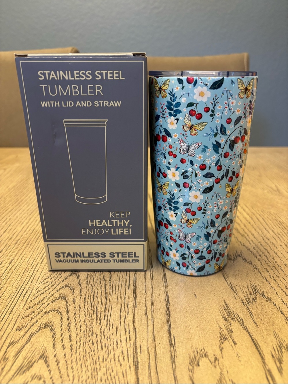 Cherry & Butterfly Stainless Steel Vacuum Insulated Tumbler with Lid & Straw-NIB - Picture 1 of 2